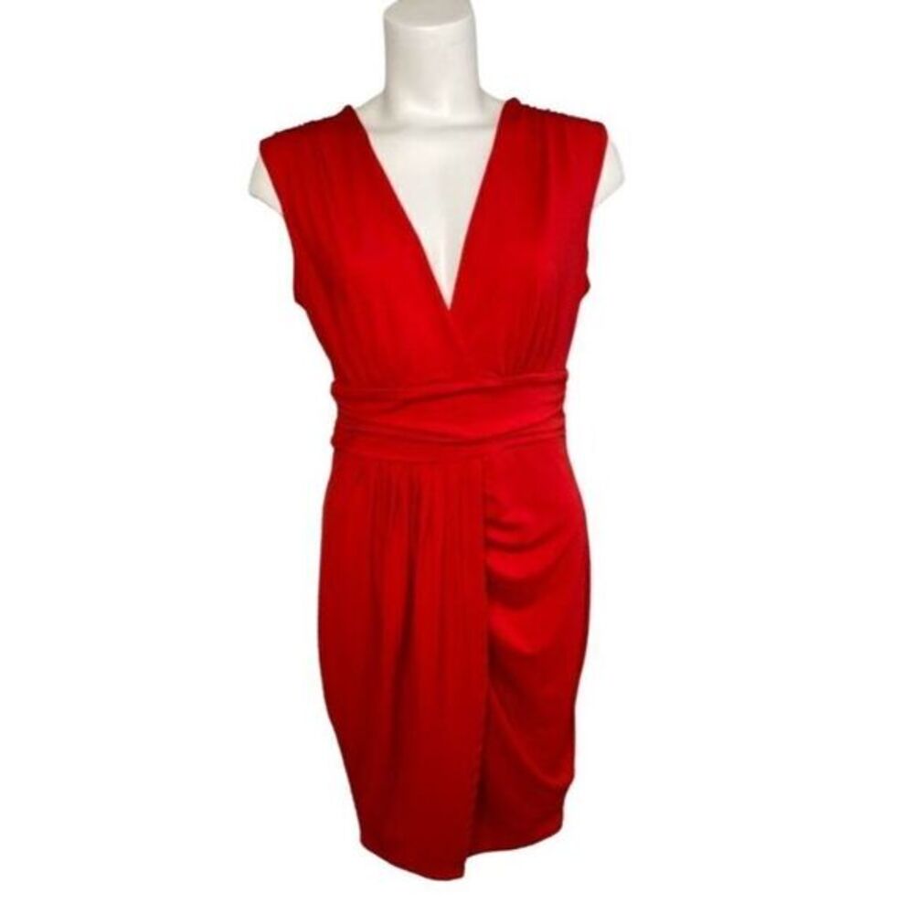VENUS Red Surplice‎ Plunging Neckline Ruched Slinky Dress Sz Small